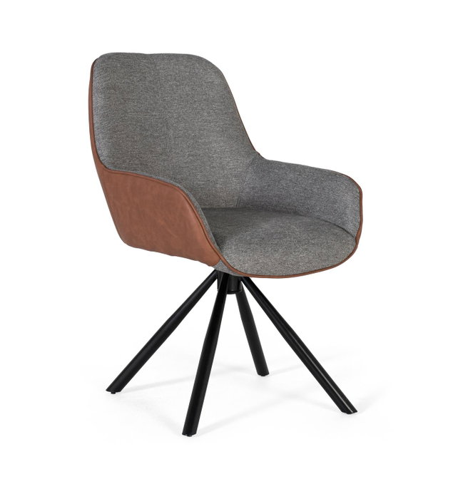 GINER Y COLOMER Lot de 2 Chaises de Bureau Giratoires avec Accoudoirs - Siège Rembourré en Tissu Gris et Simili Cuir Brun - Structure en Acier Tubulaire Noir